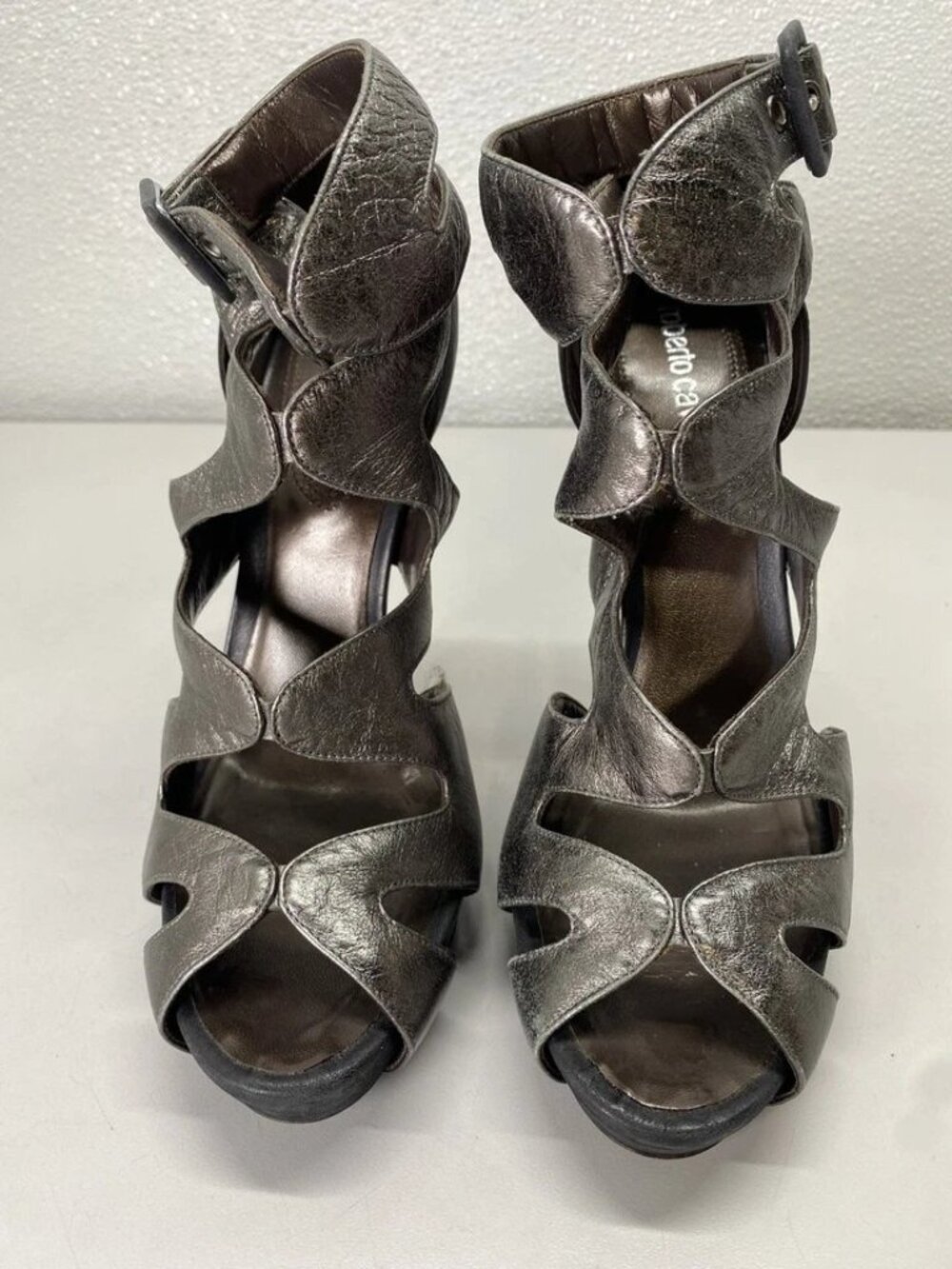 Roberto Cavalli Wavy Metallic Heels Silver Women’s Size 9.5